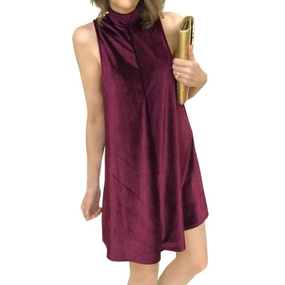 Storia Velvet Trapeze Dress Sz M Shiny Ribbed Wine Red Sleeveless Mock Neck - Picture 1 of 8